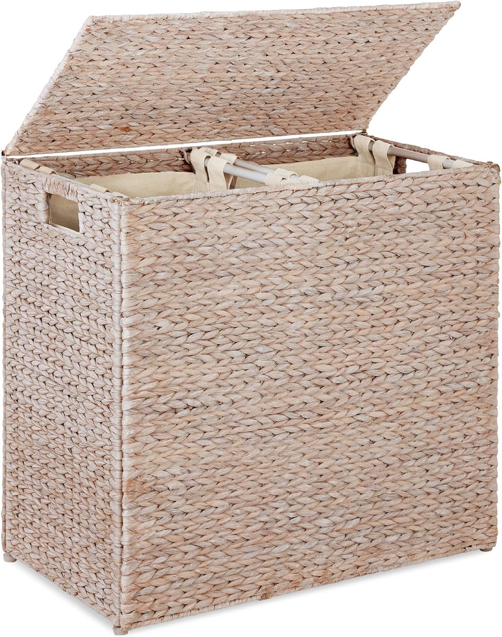 Best Choice Products Large Double Laundry Hamper with Lid, Natural Handwoven Water Hyacinth, 2 Sections w/ 2 Machine Washable Linen Liner Bags, Portable, Handles - Whitewash - 1572