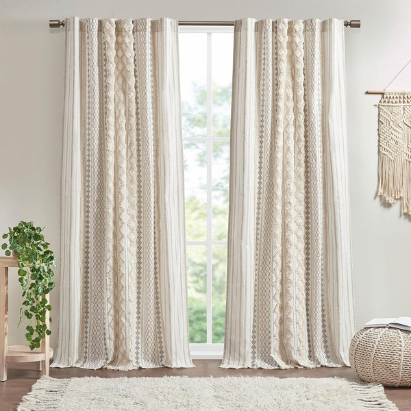 INK+IVY Imani 100% Cotton SINGLE PANEL Curtain Tufted Chenille Stripe Geometric Print Mid-Century Look Rod Pocket Top Drape for Living Room, Privacy Window Treatment for Bedroom, 50" W x 108" L, Ivory -A11-1285 -B11-1292