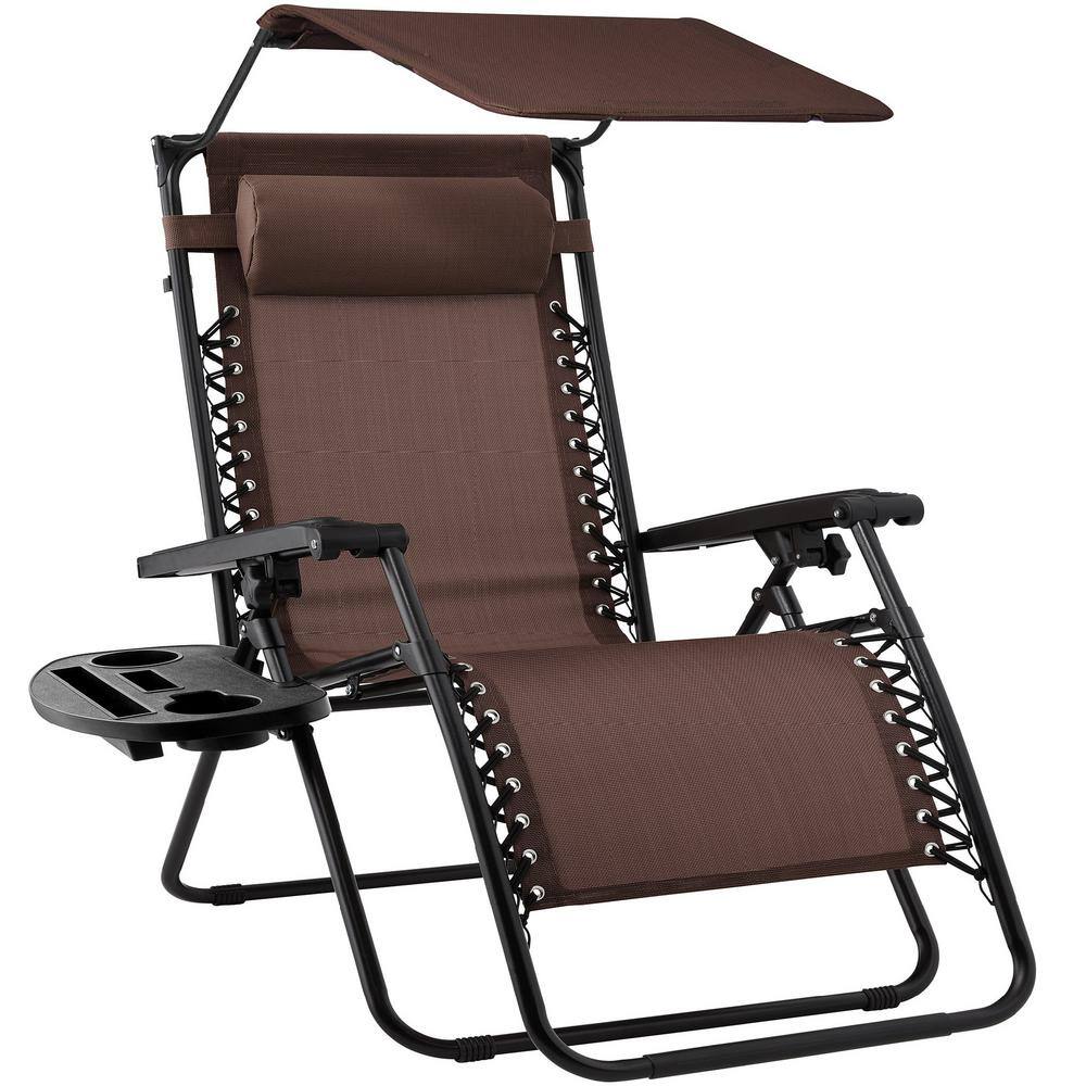 Zero Gravity Folding Reclining Brown Fabric Outdoor Lawn Chair with Canopy Shade, Headrest Tray 1236