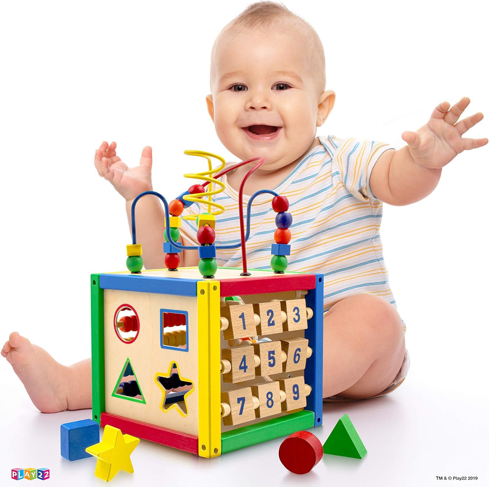 Play22 Wooden Activity Cube for Baby - 6 in-1 Baby Activity Play Cube with Bead Maze, Shape Sorter, Abacus Counting Beads, Counting Numbers, Sliding Shapes, Removable Bead Maze, 8Pcs Stacking Cups - B4 - 1366