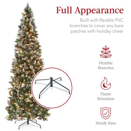 Best Choice Products 6ft Pre-Lit Partially Flocked Pencil Christmas Tree w/ 250 Lights, Pine Cones, Foldable Stand - B5 - 467