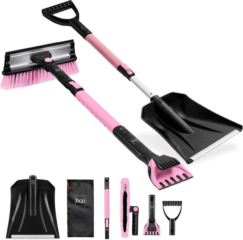 Best Choice Products 4 in 1 Snow Brush with Shovel, Squeegee & Ice Scraper, Up to 39" Extendable Foam Grip, 270  Pivoting Snow Brush for Car Truck SUV, Storage Bag Included - Pink - K5 - 438