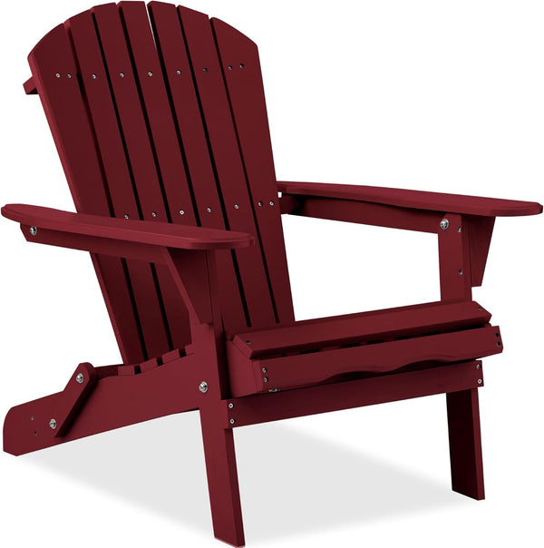 Folding Adirondack Chair Outdoor Wooden Accent Furniture Fire Pit Lounge Chairs for Yard, Garden, Patio w/ 350lb Weight Capacity - Deep Red - 305