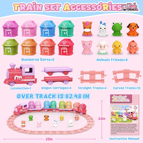 Learning Toys for Toddlers 1 2 3 Year Old,Electric Farm Train Set for Girls 2-4,Counting Matching & Sorting Montessori Train Toy with Farm Animals, Music, Light, Christmas Birthday Gift Baby (Pink) 1386