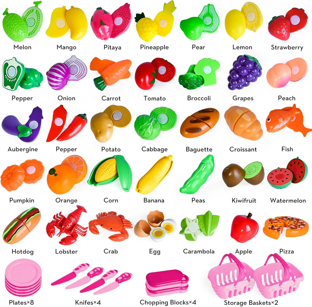 Shemira 100 PCS Cutting Play Food Toy for Kids Kitchen, Pretend Food Toys for Toddlers, Play Kitchen Toys Accessories with 2 Baskets, for 3 4 5 Years Old Boys Girls, Pink 1342