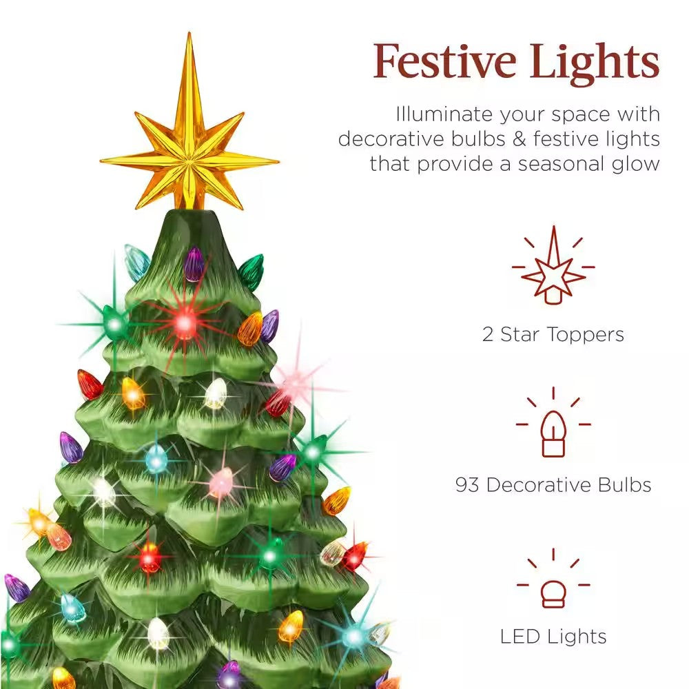 18in. Green Pre-Lit LED Ceramic Artificial Christmas Tree with 93 Multicolor Lights - E7 - 1035 -F1-1597