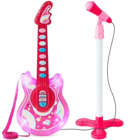 Best Choice Products 19in Kids Flash Guitar, Pretend Play Musical Instrument Toy for Toddlers w/ Mic, Stand - Pink -E4-1969
