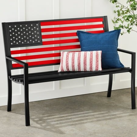 Indoor Outdoor Steel Bench W/ American Flag Backrest, 790lb Capacity - Black/Red - 299