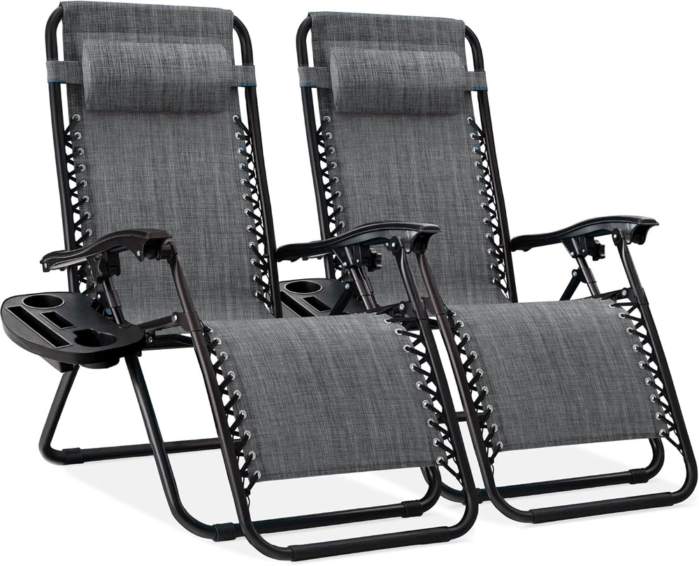 Set of 2 Zero Gravity Lounge Chairs w/ Pillows & Trays — Gray — H55