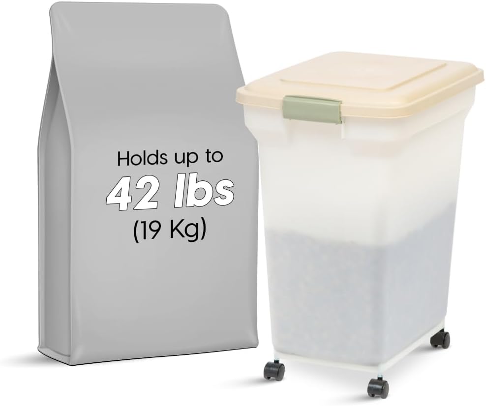 IRIS USA Airtight Dog Food Storage Container, WeatherPro, Up to 40 lbs, Removable Wheels, for Dog Cat Bird and Other Pet Food Storage Bin, Keep Fresh, Translucent Body, Made in USA, Almond/Pearl - J11 - 608