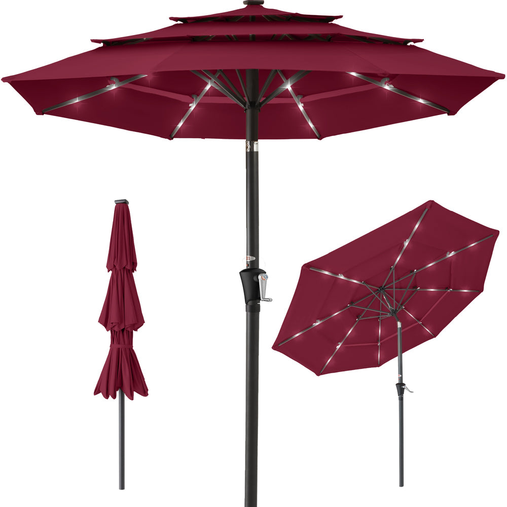 10 Ft. Steel Market Solar Tilt Patio Umbrella with 24 LED Lights, Tilt Adjustment, Easy Crank in Burgundy - 290