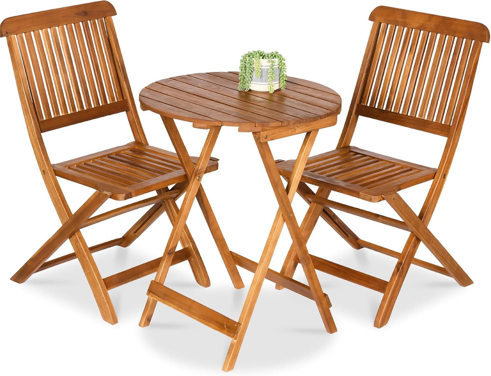3-Piece Acacia Wood Bistro Set, Folding Patio Furniture for Backyard, Balcony, Deck w/ 2 Chairs, Round Coffee Table, Teak Finish - Naturalization - K115