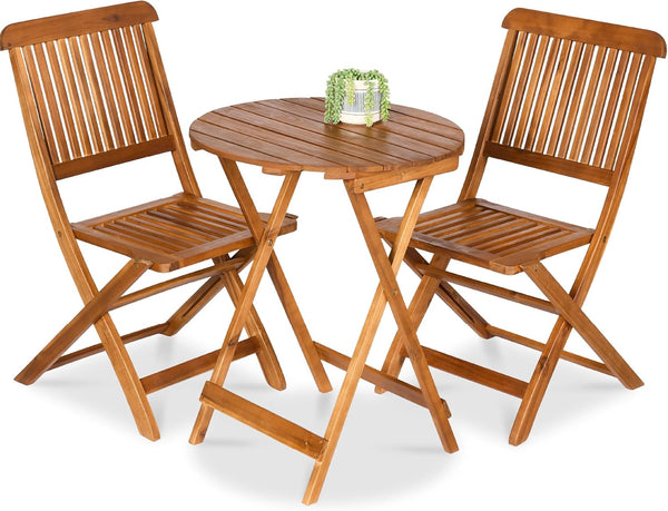3-Piece Acacia Wood Bistro Set, Folding Patio Furniture for Backyard, Balcony, Deck w/ 2 Chairs, Round Coffee Table, Teak Finish - Naturalization - K115