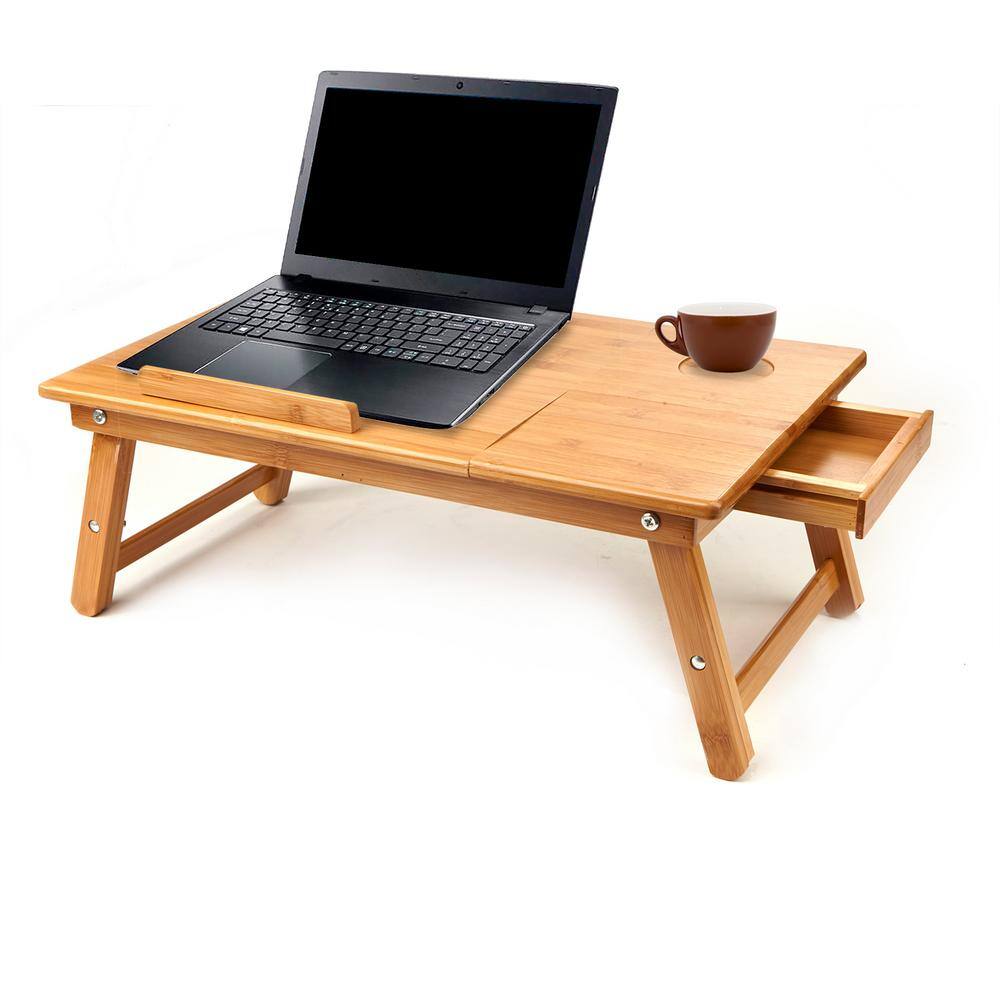 Bamboo Laptop Bed Tray with Drawer and Adjustable Top, Legs, Cooling Holes in Brown -A4-1037 -A4-1038