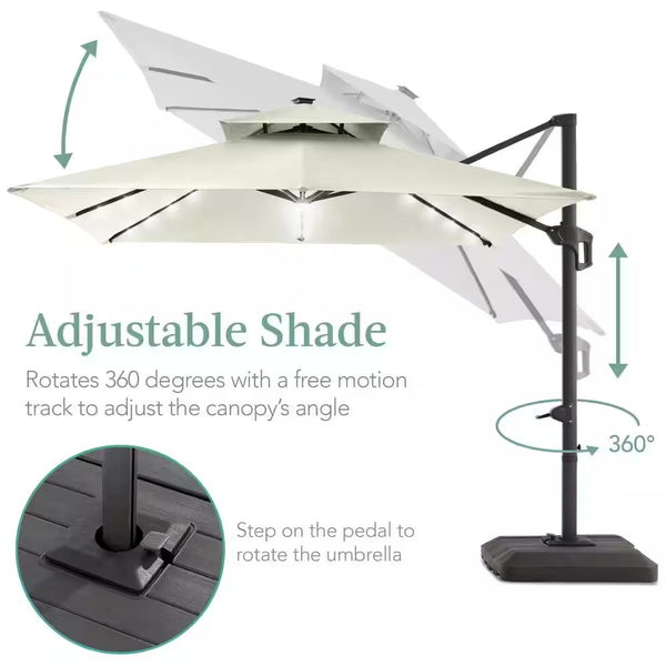10 ft. Solar LED 2-Tier Square Cantilever Patio Umbrella with Base Included in Ivory - TR - 279