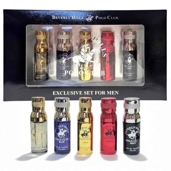 Beverly Hills Polo Club 5 Piece Mini Gift Set Exclusive for Men, EDT Eau De Toilette 5 Mini 0.5oz Bottles -F13-0218