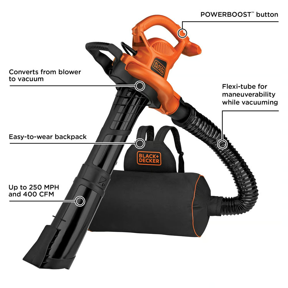 Black+Decker 250 mph 400 CFM Electric Backpack Blower/Mulcher/Vac 1871