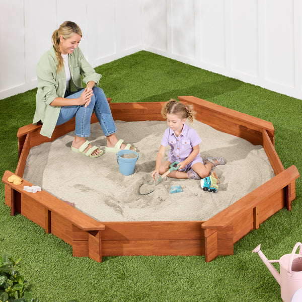 Best Choice Products Kid's Octagonal Wooden Outdoor Sandbox w/ Benches, 8 Seats, Cover, XL Sandpit, Liner - Brown - L7 - 1558