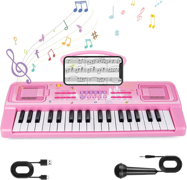 Kids Keyboard Piano, 37 Keys Keyboard Electric Digital Piano, Early Learning Educational Musical Toys Piano for Kids Toddlers Beginners with Music Stand, Microphone - Christmas Birthday Gifts, Pink 1297