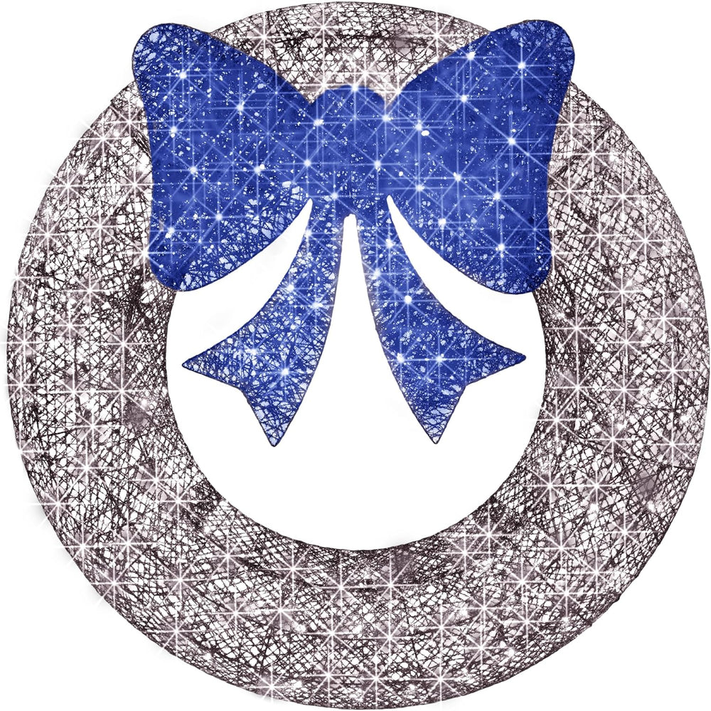48in Pre-Lit Outdoor Christmas Wreath Decoration, LED Metal Holiday Decor for Home w/ 140 Lights, Bow - Hanukkah Silver/Blue M87