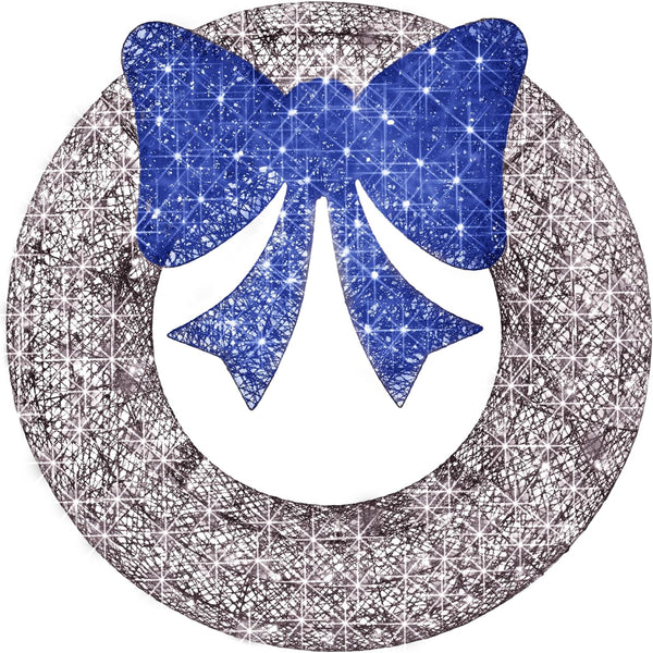 48in Pre-Lit Outdoor Christmas Wreath Decoration, LED Metal Holiday Decor for Home w/ 140 Lights, Bow - Hanukkah Silver/Blue M87