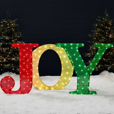 32in 3-Piece 3D Lighted Christmas JOY Yard Decoration w/ 150 LED Lights, Stakes - Red/Gold/Green - 258