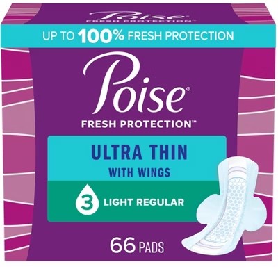 Poise Ultra Thin Light Absorbency Pads with Wings - Regular - 66ct - 538