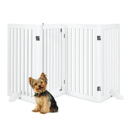 Best Choice Products 31.5in 4-Panel Freestanding Wooden Pet Gate w/ Walk Through Door, Adjustable Pen - White - L146