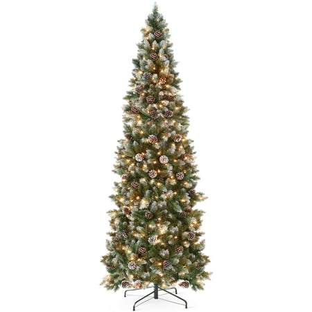 6ft Pre-Lit Partially Flocked Pencil Christmas Tree w/ 250 Lights, Pine Cones, Foldable Stand - 781