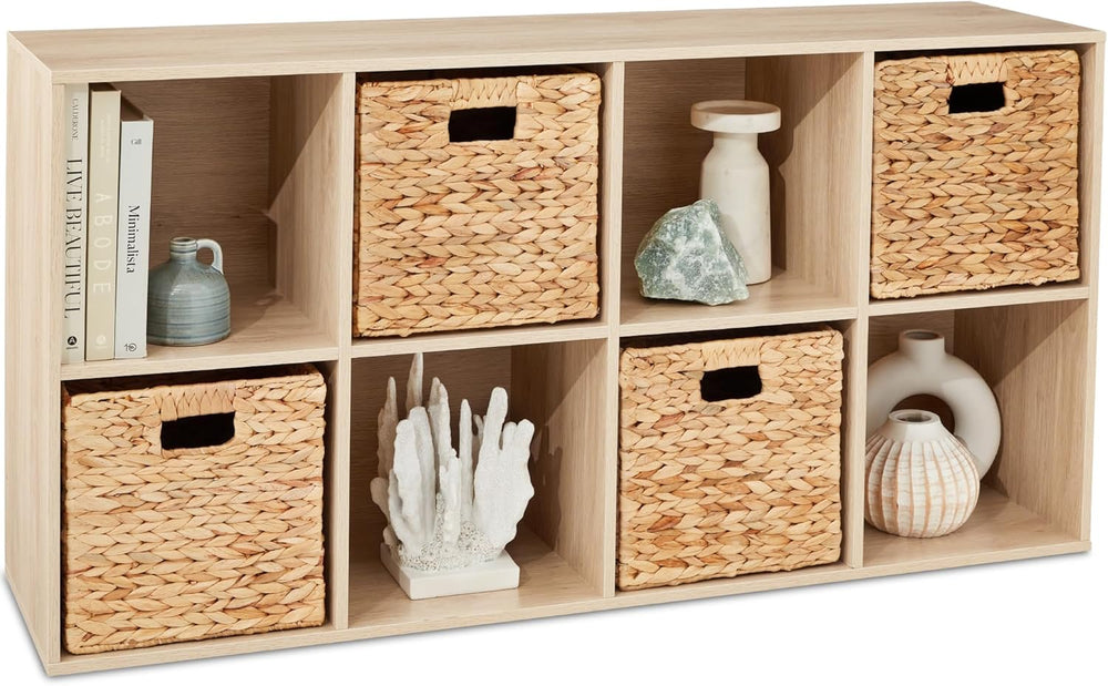 8-Cube Storage Organizer, 11in Shelf Opening, Bookcase, Display Shelf, Customizable w/ 3 Removable Back Panels   Light Oak M59