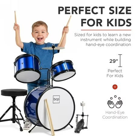 Best Choice Products Kids Beginner 3-Piece Drum, Musical Instrument Set w/ Sticks, Cushioned Stool, Drum Pedal - Blue - F9 - 1046