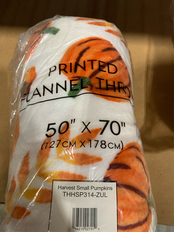 White & Orange Harvest Pumpkins Flannel Throw -E8-0058