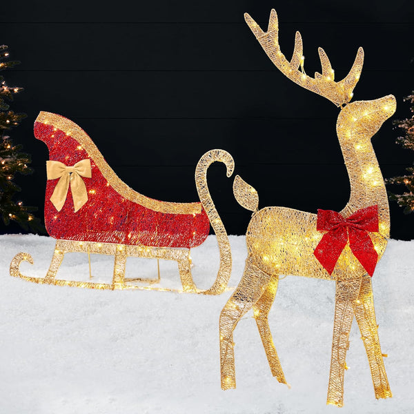 Best Choice Products 4ft Lighted 2D Reindeer & Sleigh Set, Christmas Holiday Deer & Sled Outdoor Yard Decoration w/ 140 LED Lights - Gold 1487