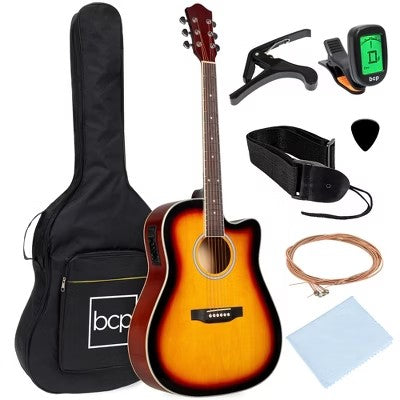 Beginner Acoustic Electric Guitar Starter Set 41in w/ All Wood Cutaway Design, Case - Sunburst 760