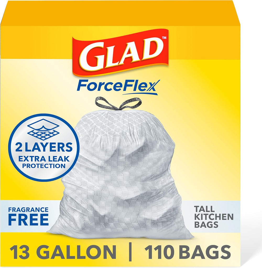 Glad ForceFlex Tall Kitchen Drawstring Trash Bags, 13 Gal, Fragrance Free, 110 Ct (Package May Vary) - J61