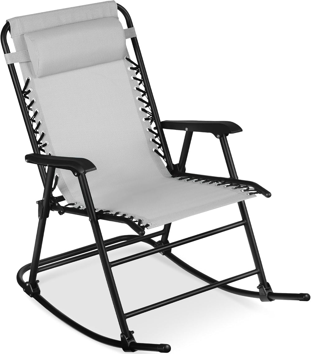 Outdoor Folding Rocking Chair, Zero Gravity Lounge Chair, Patio Rocker w/Headrest Pillow - Ice Gray 723