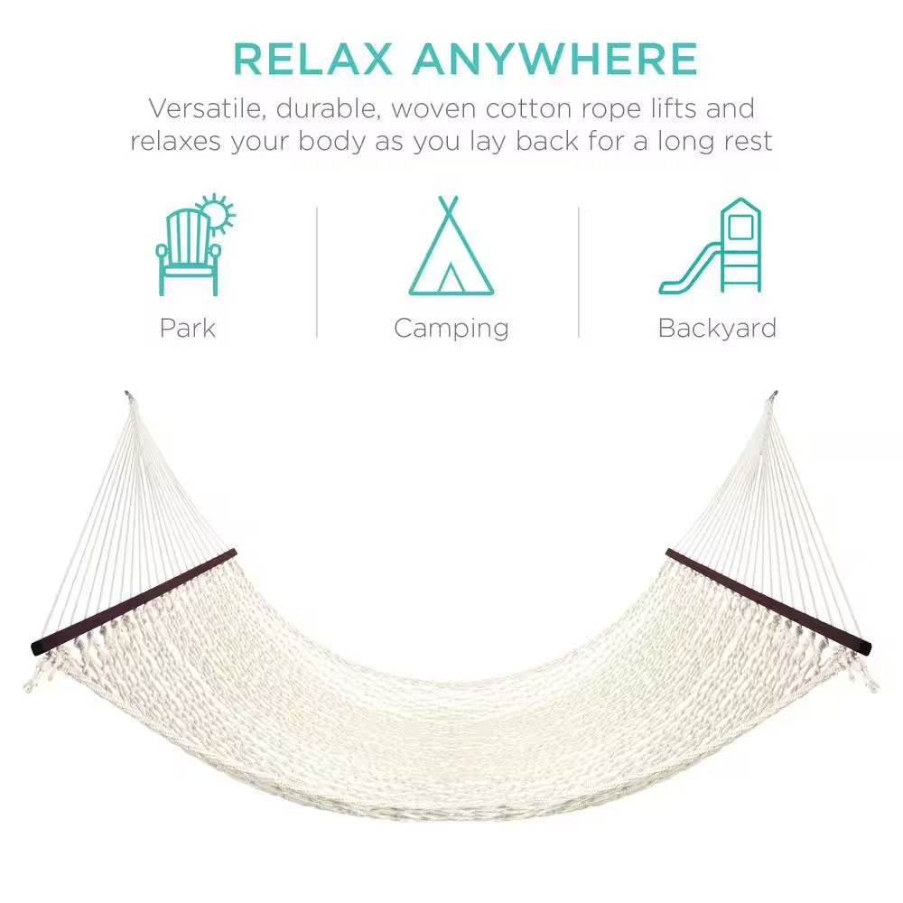 2-Person 11 ft. Woven Cotton Rope Double Hammock Bed w/Spreader Bars, Carrying Case - Off-White 1428