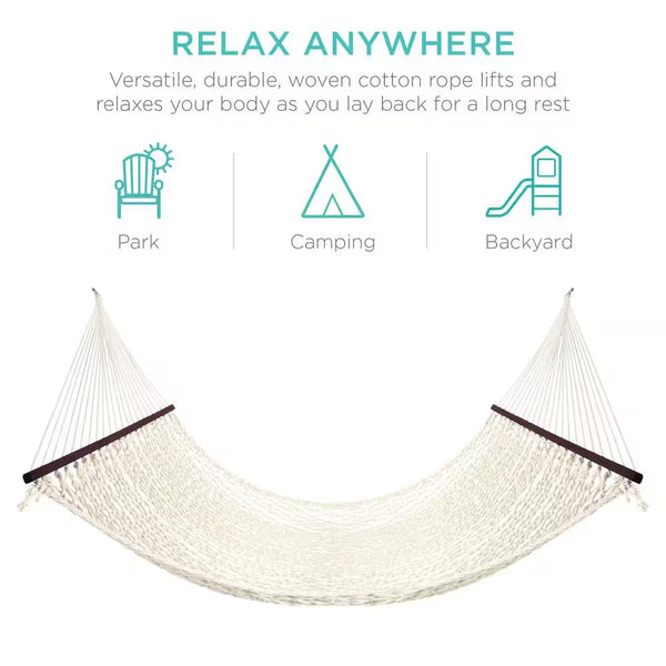 2-Person 11 ft. Woven Cotton Rope Double Hammock Bed w/Spreader Bars, Carrying Case - Off-White 1428