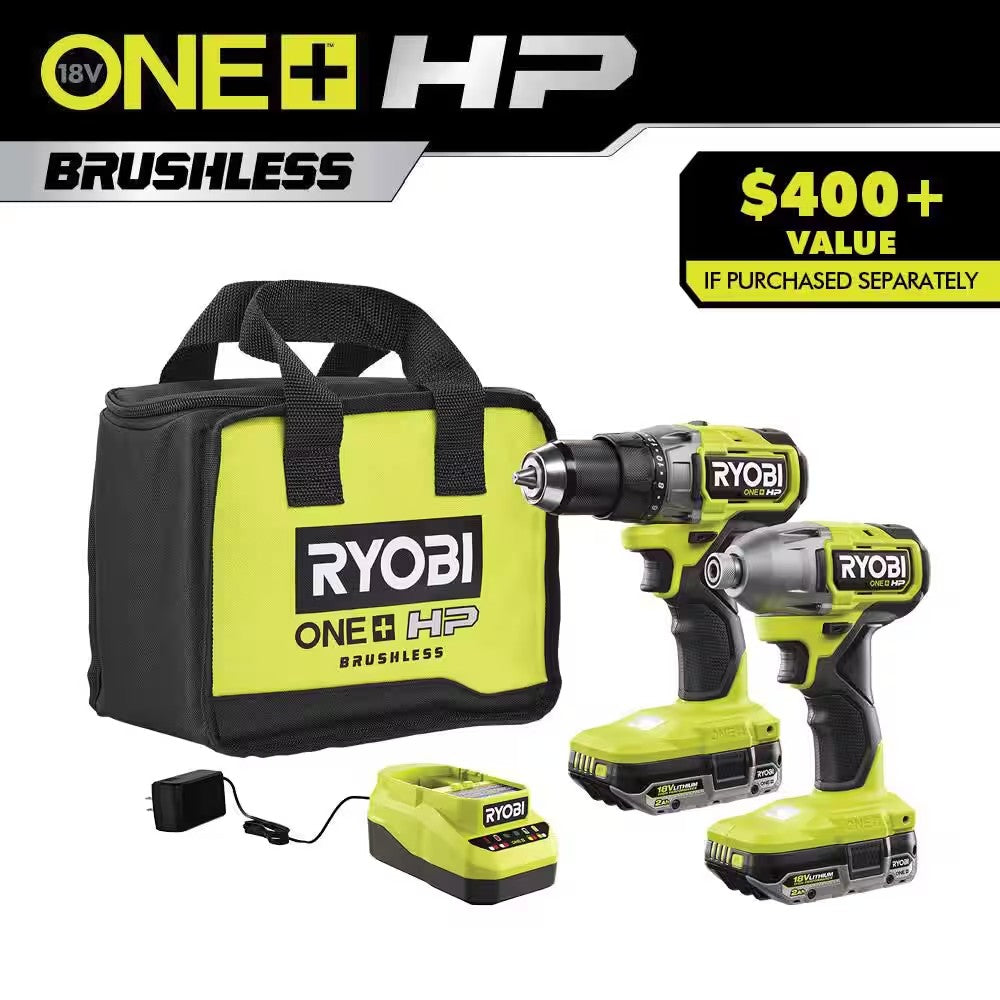 RYOBI ONE+ HP 18V Brushless Cordless 1/2 in. Drill/Driver and Impact Driver Kit w/(2) 2.0 Ah Batteries, Charger, and Bag - 366