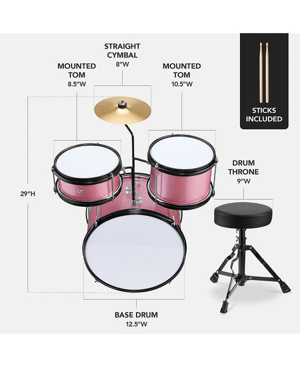 Best Choice Products Kids Beginner 3-Piece Drum, Musical Instrument Set w/ Sticks, Cushioned Stool, Drum Pedal - Pink - No Size - K3 - 1968