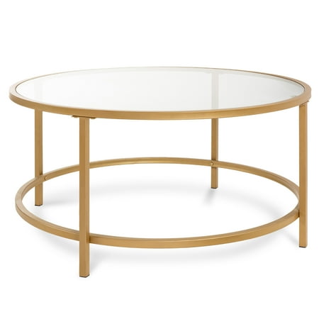 36in Round Tempered Glass Coffee Table for Home, Living Room, Dining Room w/ Satin Trim - Gold 746
