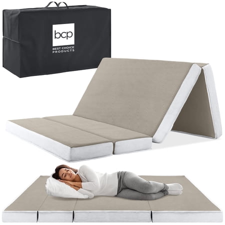 Best Choice Products 4in Thick Folding Portable Queen Tri-Fold Mattress w/ Carry Case, Washable Cover - Taupe - L1 - 1947 -C10-0487