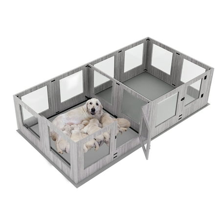 BingoPaw Extra Large Dog Wooden Whelping Box Playpen Giving Birth Kennel with Waterproof Fertility Pad, Clear Two Fence Rooms - M11 - 1984