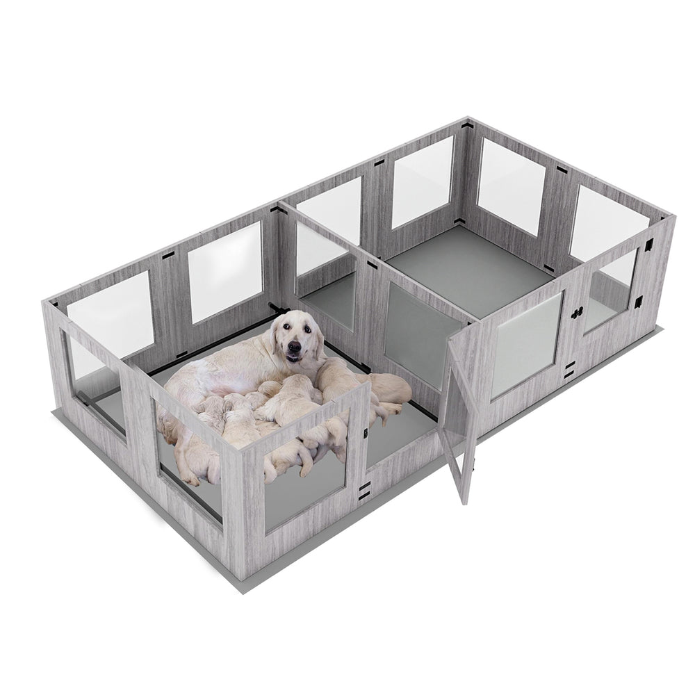 BingoPaw Extra Large Dog Wooden Whelping Box Playpen Giving Birth Kennel with Waterproof Fertility Pad, Clear Two Fence Rooms - M11 - 1984