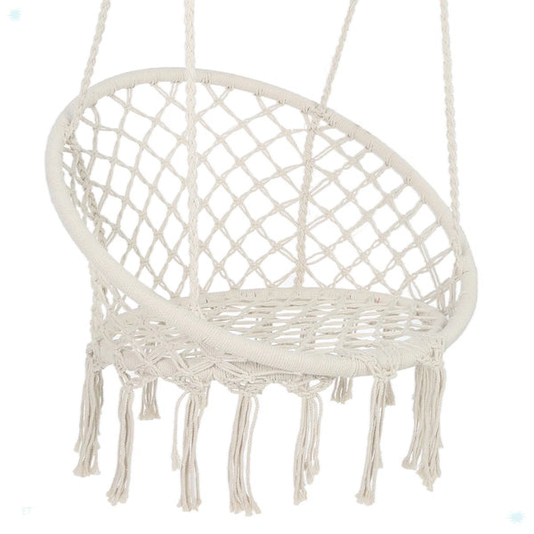 Macram  Hanging Chair, Handwoven Cotton Hammock Swing for Indoor & Outdoor Use w/Mounting Hardware, Backrest, 265lb Capacity - Beige - 1715