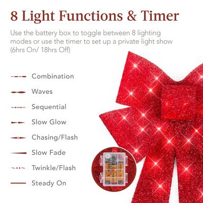 Best Choice Products Set of 3 Pre-Lit Christmas Bows, Indoor/Outdoor LED Holiday Decor w/ 8 Light Functions - Red - A7 - 1452