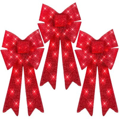 Best Choice Products Set of 3 Pre-Lit Christmas Bows, Indoor/Outdoor LED Holiday Decor w/ 8 Light Functions - Red - A7 - 1452