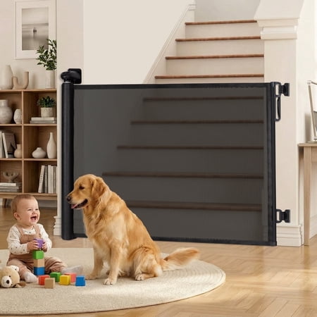 (Lot of 2) Retractable Pet Gates, Child & Dog Gates for Stairs, Extends to 71" Wide, 34" Tall, Use for Outdoor, Indoor, Hallways, Doorways, Deck, Porch, Black - J1 - 1986