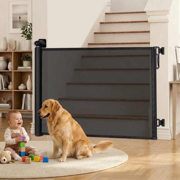 (Lot of 2) Retractable Pet Gates, Child & Dog Gates for Stairs, Extends to 71" Wide, 34" Tall, Use for Outdoor, Indoor, Hallways, Doorways, Deck, Porch, Black - J1 - 1986