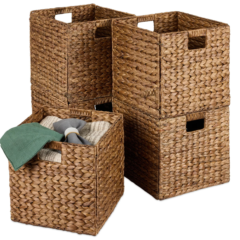 Set of 5 Collapsible Hyacinth Storage Baskets w/ Inserts - 12x12in - A24 Appears New